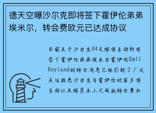 德天空曝沙尔克即将签下霍伊伦弟弟埃米尔，转会费欧元已达成协议