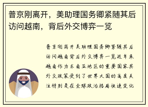 普京刚离开，美助理国务卿紧随其后访问越南，背后外交博弈一览