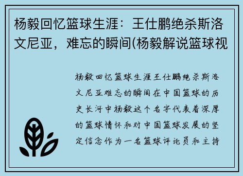 杨毅回忆篮球生涯：王仕鹏绝杀斯洛文尼亚，难忘的瞬间(杨毅解说篮球视频)