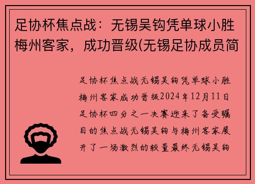 足协杯焦点战：无锡吴钩凭单球小胜梅州客家，成功晋级(无锡足协成员简介)
